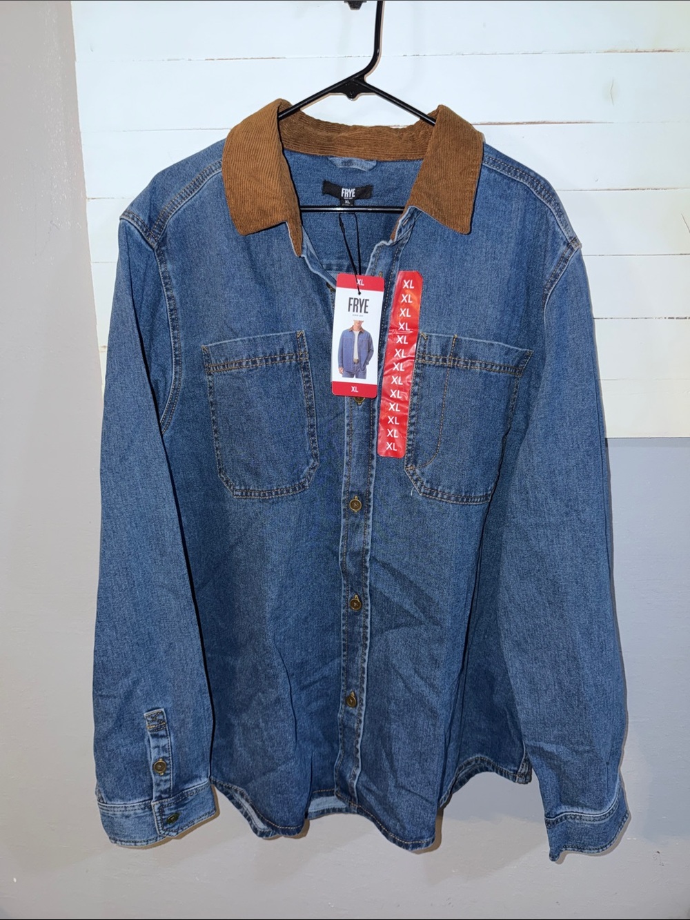 FRYE Blue Denim Shacket with Brown Corduroy Collar